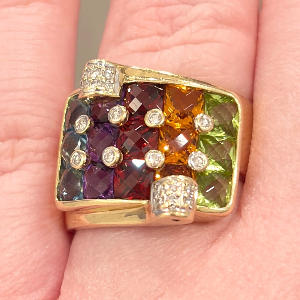 18K Rainbow Gemstone Ring, Bellarri Style, Diamond Natural Rose Cut, Size 7.5